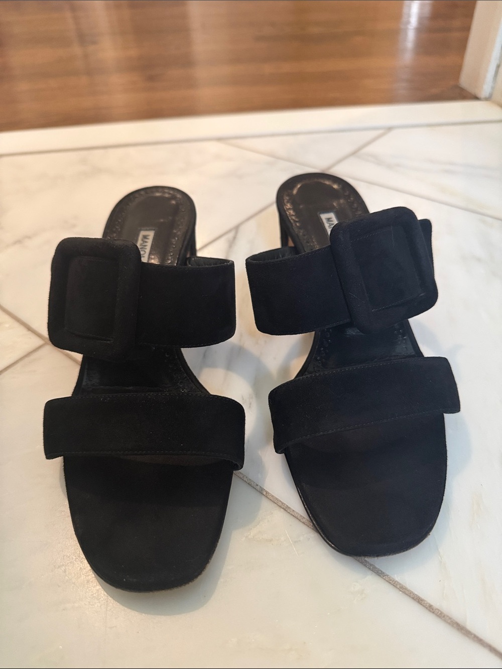 Manolo Blahnik Titubanew Suede Buckle Slide Sandals - Picture 9 of 9
